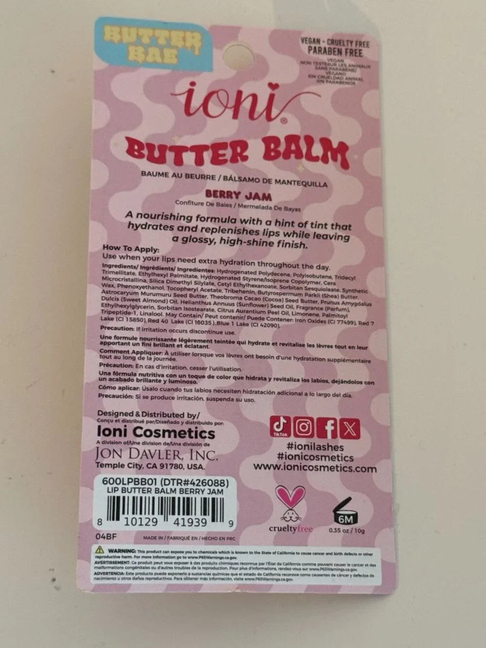 Ioni Butter Bae Berry Jam Raspberry Peptide Lip Butter Balm New